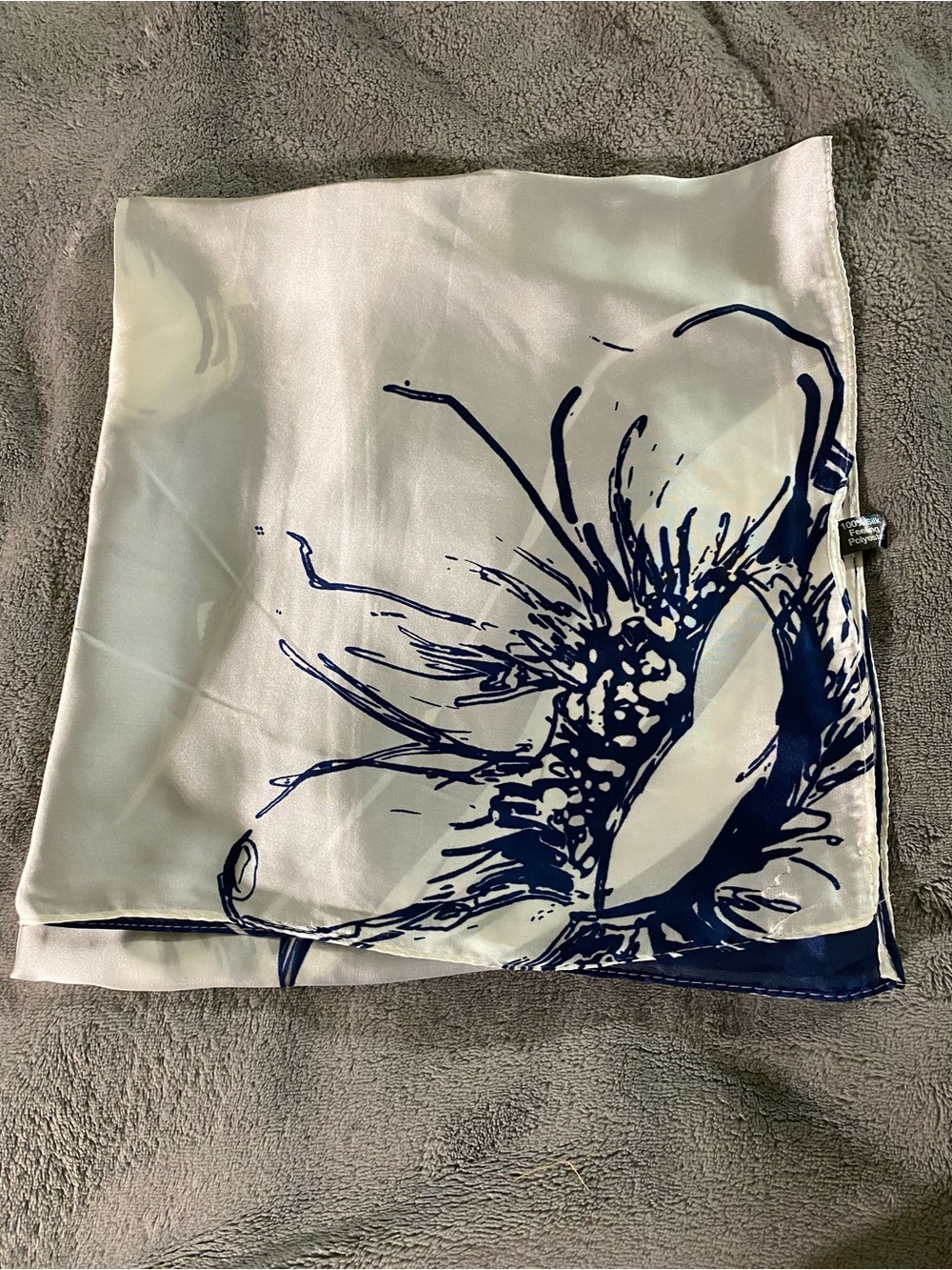 Silk-Scarf with Navy Floral Accent - Unbranded